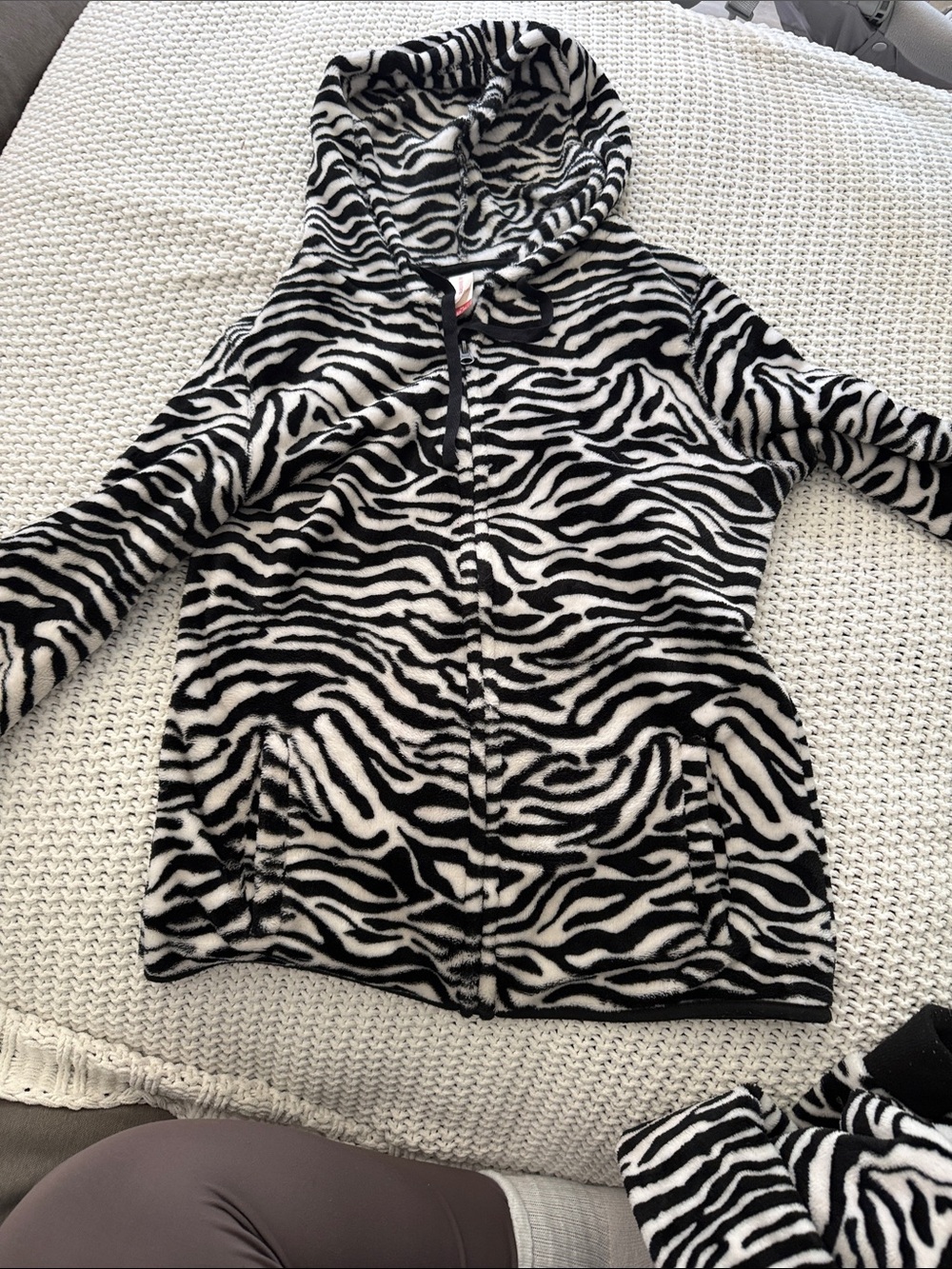 Zebra Print Hooded Fleece Jacket - Black & White